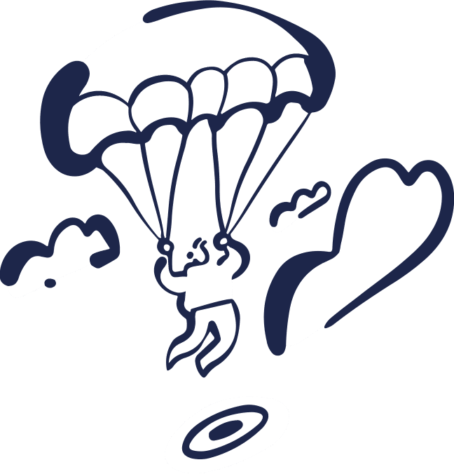 Illustration of a parachutist descending towards a target, surrounded by clouds in a stylized design.